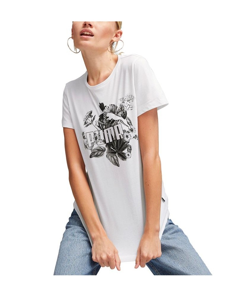 Women's Frozen Flower Logo Graphic Cotton T-Shirt White $10.58 Tops