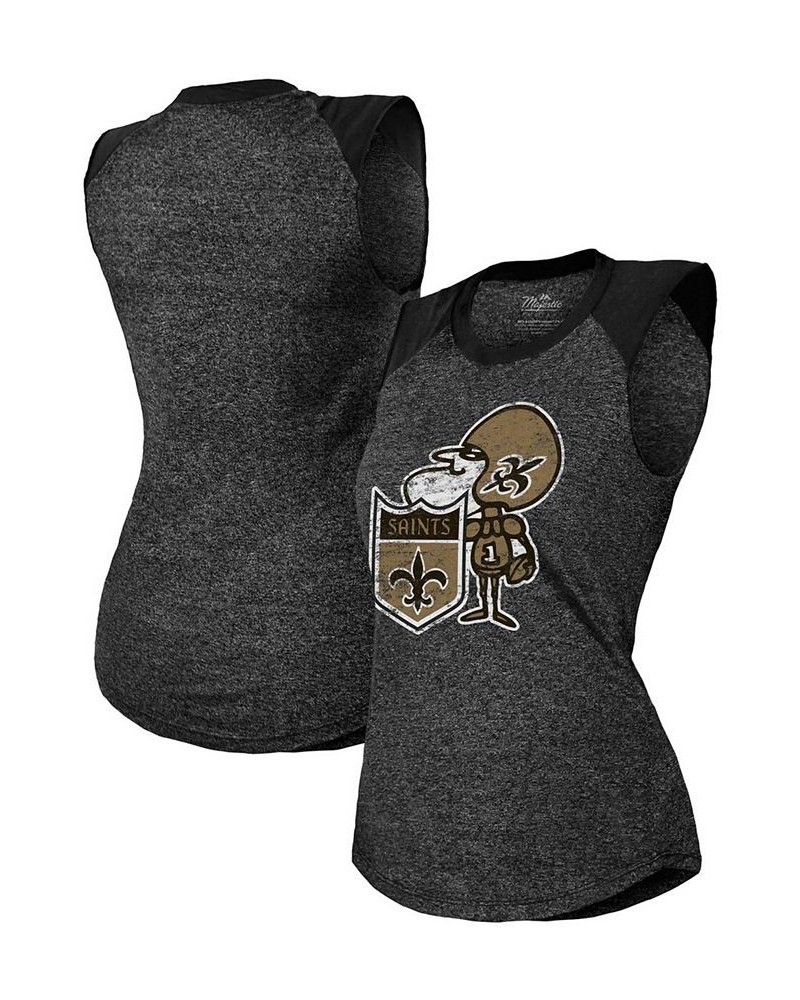 Women's Black New Orleans Saints Retro Tri-Blend Raglan Muscle Tank Top Black $20.50 Tops