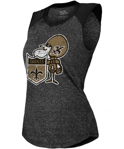 Women's Black New Orleans Saints Retro Tri-Blend Raglan Muscle Tank Top Black $20.50 Tops