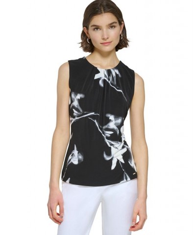 Women's Sleeveless Printed Pleat-Neck Top Black Multi $35.40 Tops