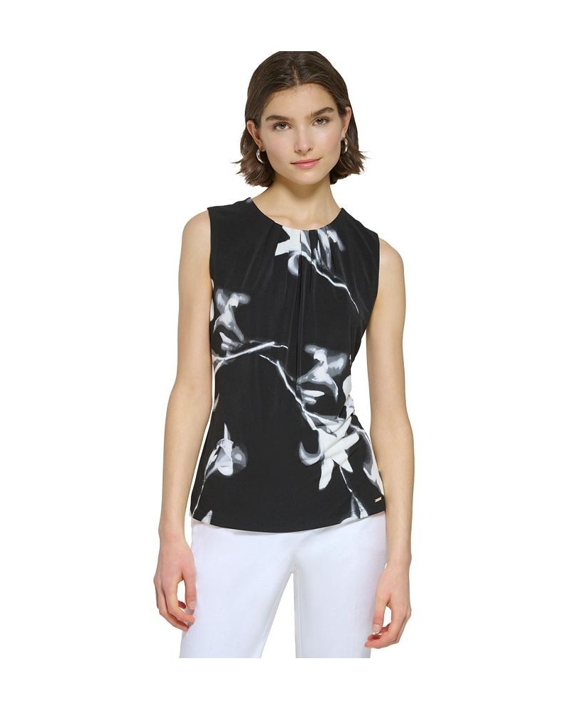 Women's Sleeveless Printed Pleat-Neck Top Black Multi $35.40 Tops