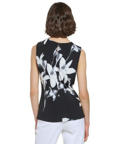 Women's Sleeveless Printed Pleat-Neck Top Black Multi $35.40 Tops