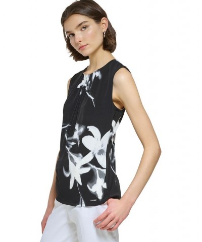 Women's Sleeveless Printed Pleat-Neck Top Black Multi $35.40 Tops