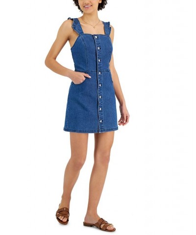 Juniors' Ruffle-Strap Button-Front Denim Dress Medium Dark $14.40 Dresses