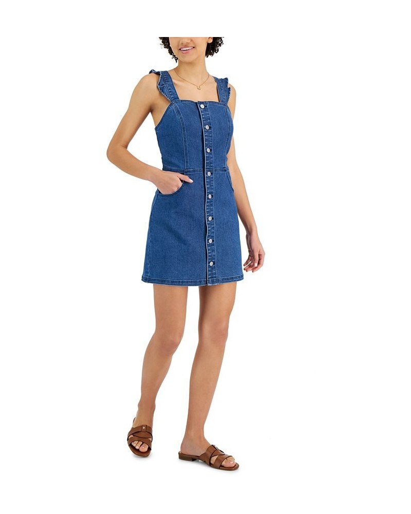 Juniors' Ruffle-Strap Button-Front Denim Dress Medium Dark $14.40 Dresses