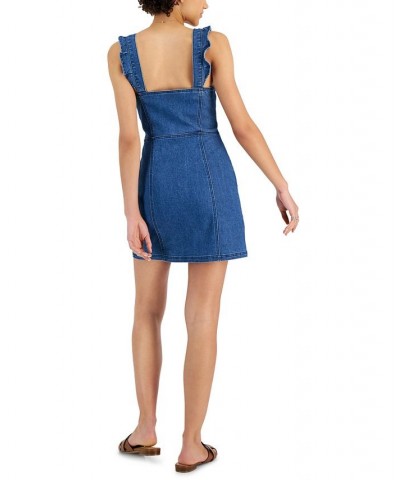 Juniors' Ruffle-Strap Button-Front Denim Dress Medium Dark $14.40 Dresses