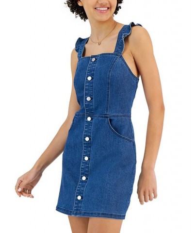 Juniors' Ruffle-Strap Button-Front Denim Dress Medium Dark $14.40 Dresses