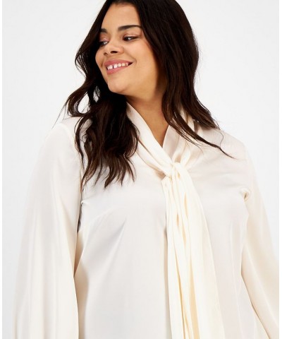 Plus Size Bow-Tie Long-Sleeve Blouse Bar White $29.81 Tops