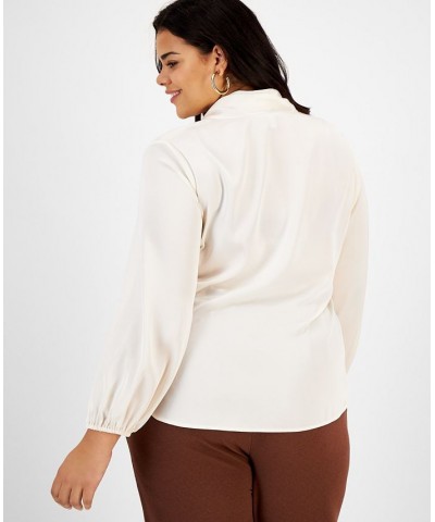 Plus Size Bow-Tie Long-Sleeve Blouse Bar White $29.81 Tops