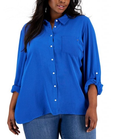 Plus Size Roll-Tab-Sleeve Button-Down Emblem Shirt True Blue $29.35 Tops