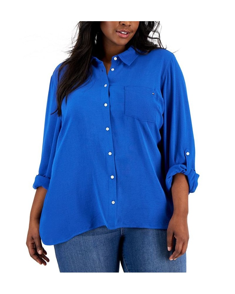 Plus Size Roll-Tab-Sleeve Button-Down Emblem Shirt True Blue $29.35 Tops