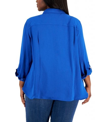 Plus Size Roll-Tab-Sleeve Button-Down Emblem Shirt True Blue $29.35 Tops