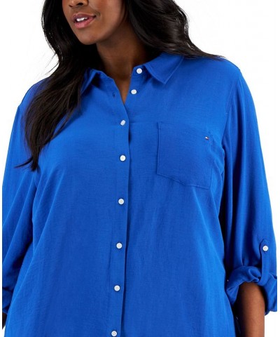 Plus Size Roll-Tab-Sleeve Button-Down Emblem Shirt True Blue $29.35 Tops