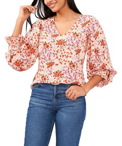 Women's Floral-Print V-Neck Smocked-Cuff Top Cream Floral $30.36 Tops