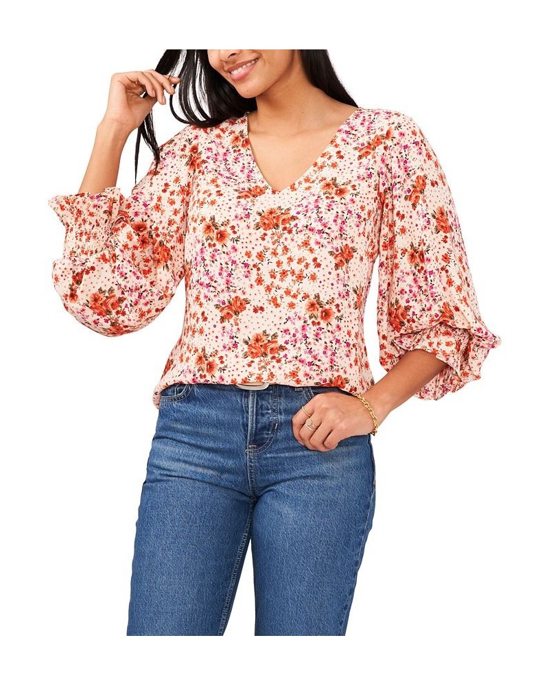 Women's Floral-Print V-Neck Smocked-Cuff Top Cream Floral $30.36 Tops