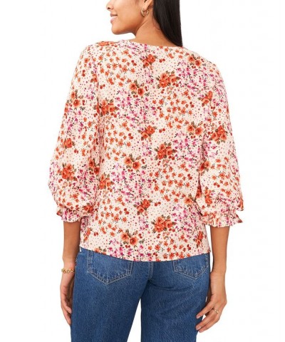 Women's Floral-Print V-Neck Smocked-Cuff Top Cream Floral $30.36 Tops