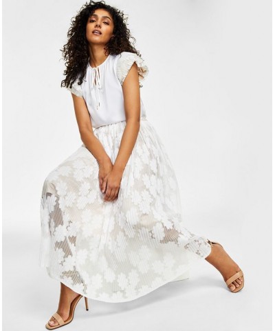 Women's Lace Cap-Sleeve Split-Neck Top & Pull-On Pleated Mesh Floral Skirt Bright White/crema $44.48 Skirts