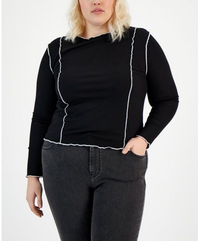 Plus Size Contrast-Stitch Long-Sleeve Knit Top Black $13.95 Tops