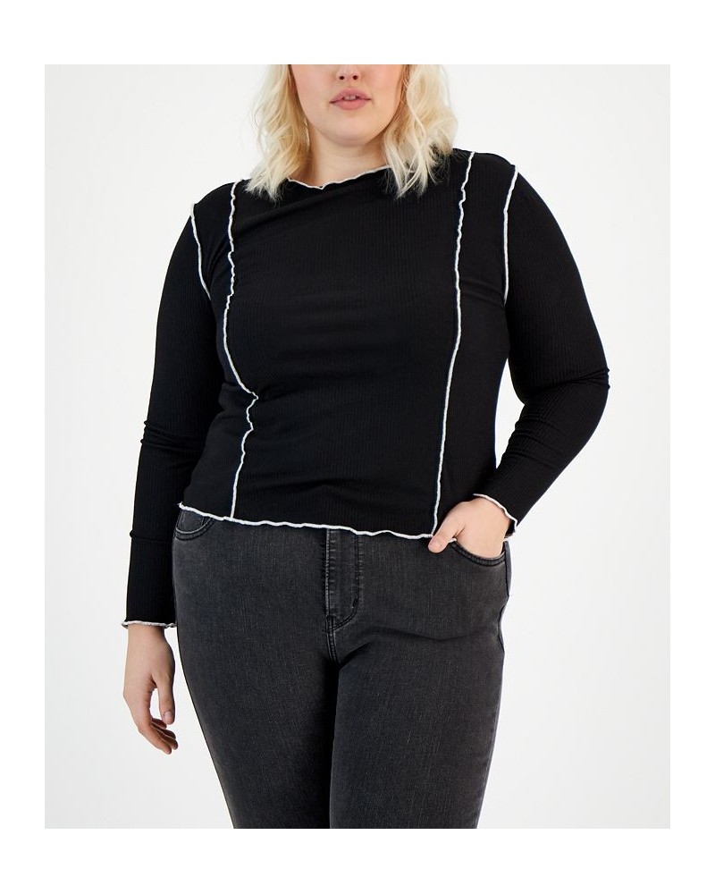 Plus Size Contrast-Stitch Long-Sleeve Knit Top Black $13.95 Tops