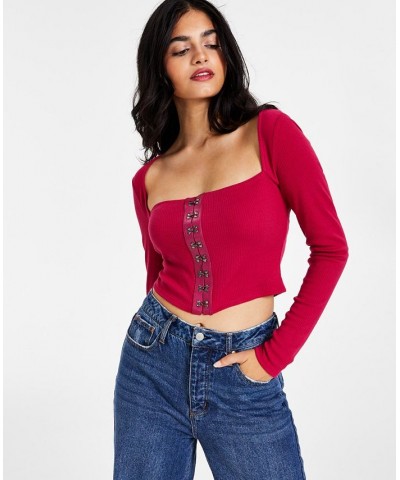 Women's Cropped Ribbed Long-Sleeve Corset Top Pink $10.93 Tops