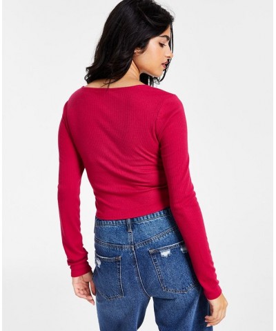 Women's Cropped Ribbed Long-Sleeve Corset Top Pink $10.93 Tops