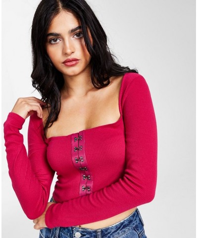 Women's Cropped Ribbed Long-Sleeve Corset Top Pink $10.93 Tops