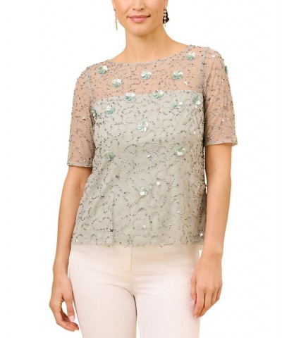 Women's Boat Neck Embellished Elbow-Sleeve Top Frosted Sage $65.19 Tops