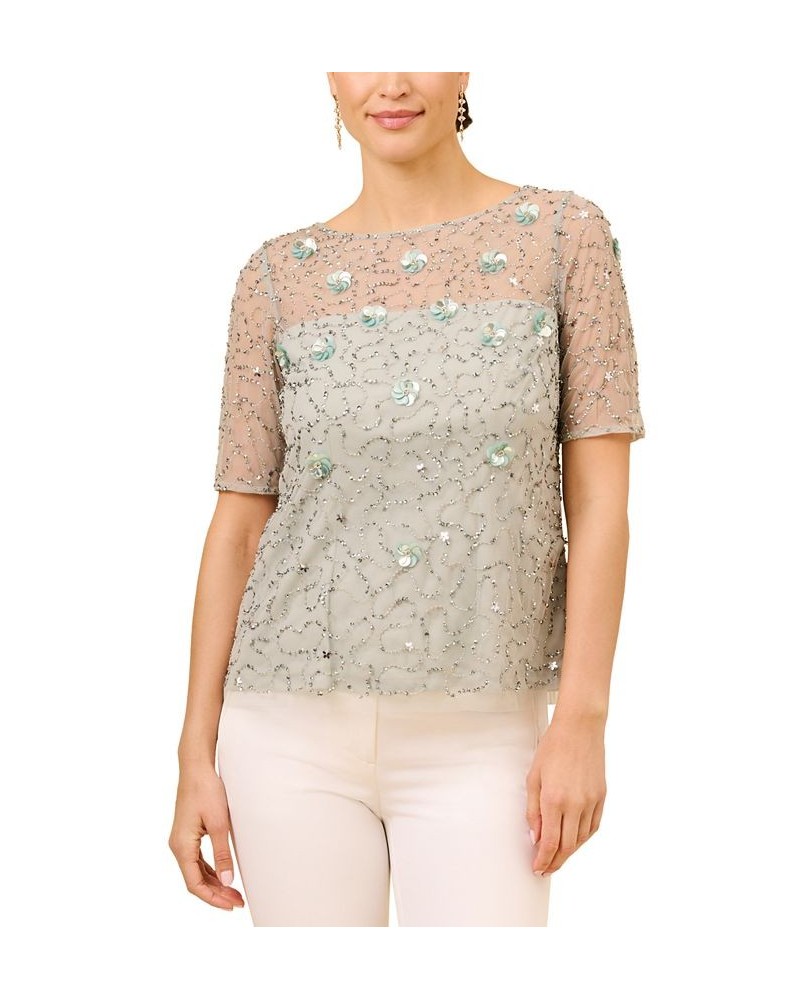 Women's Boat Neck Embellished Elbow-Sleeve Top Frosted Sage $65.19 Tops