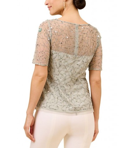 Women's Boat Neck Embellished Elbow-Sleeve Top Frosted Sage $65.19 Tops