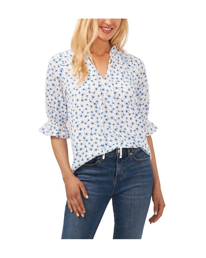 Women's Tie Neck Floral Blouse Ivory/Cream $36.49 Tops