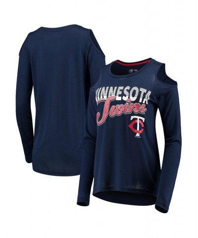 Women's Navy Minnesota Twins Crackerjack Cold Shoulder Long Sleeve T-shirt Navy $22.88 Tops