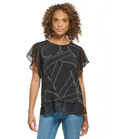 Printed Flutter Sleeve Top Black $36.84 Tops