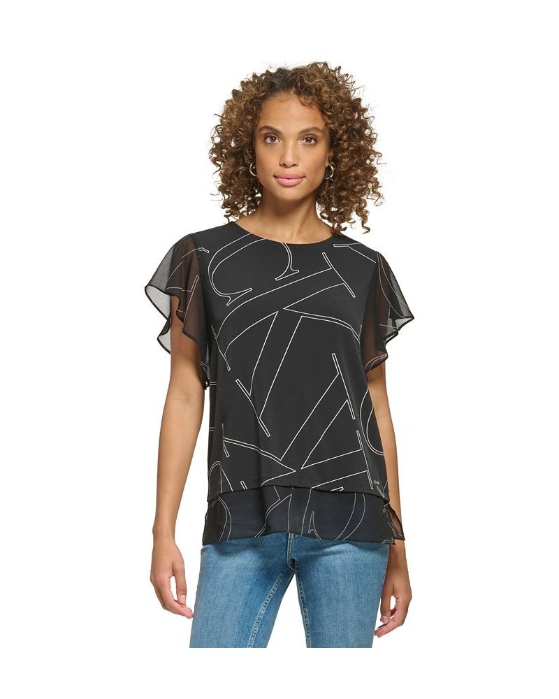 Printed Flutter Sleeve Top Black $36.84 Tops