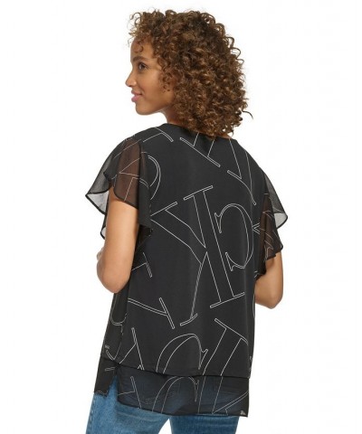 Printed Flutter Sleeve Top Black $36.84 Tops