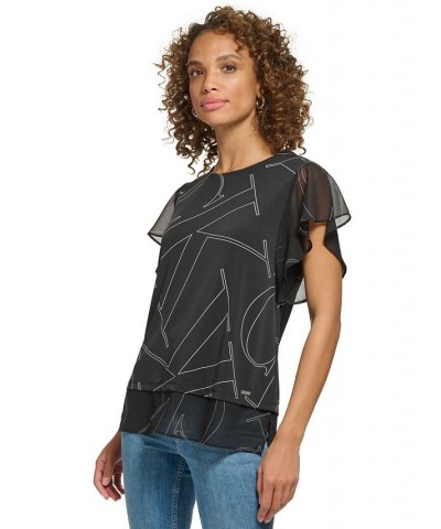 Printed Flutter Sleeve Top Black $36.84 Tops