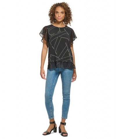 Printed Flutter Sleeve Top Black $36.84 Tops