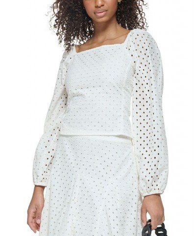 Women's Cotton Eyelet Square-Neck Top White $53.73 Tops