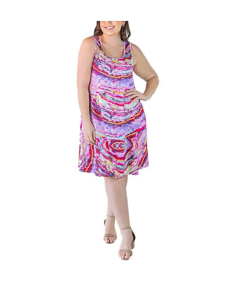 Plus Size Fit and Flare Knee Length Tank Dress Pink Multi $19.88 Dresses