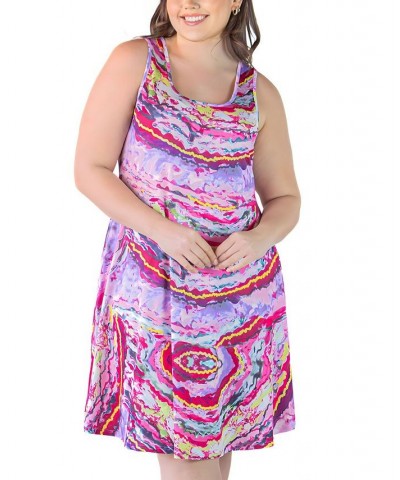 Plus Size Fit and Flare Knee Length Tank Dress Pink Multi $19.88 Dresses