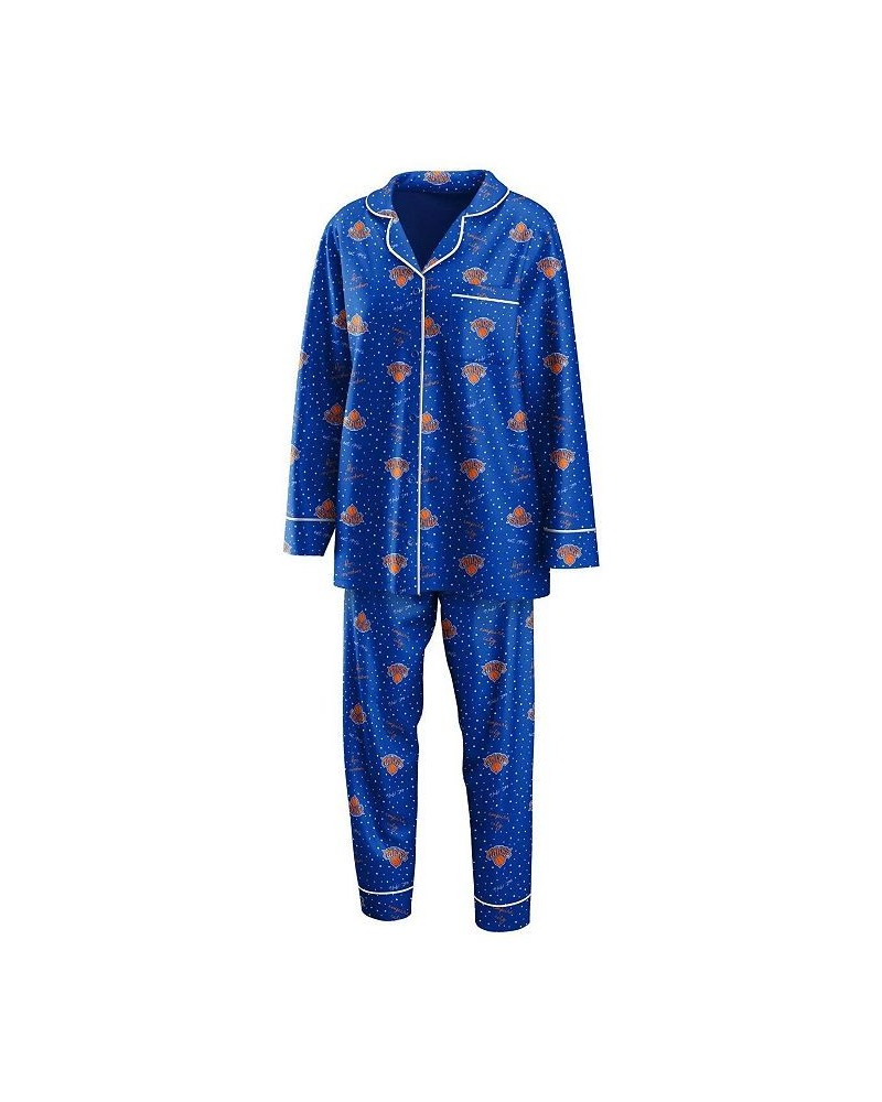 Women's Blue New York Knicks Long Sleeve Button-Up Shirt Pants Sleep Set Blue $30.80 Pajama