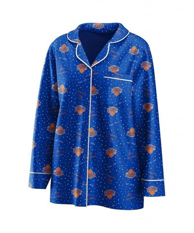 Women's Blue New York Knicks Long Sleeve Button-Up Shirt Pants Sleep Set Blue $30.80 Pajama