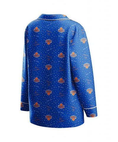 Women's Blue New York Knicks Long Sleeve Button-Up Shirt Pants Sleep Set Blue $30.80 Pajama