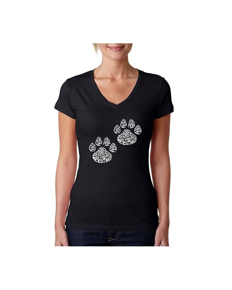 Women's Word Art V-Neck Cat Mom T-Shirt Black $20.64 Tops