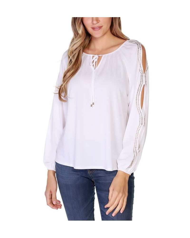 Black Label Petite Size Embellished Top With Cutout Sleeve White $45.90 Tops