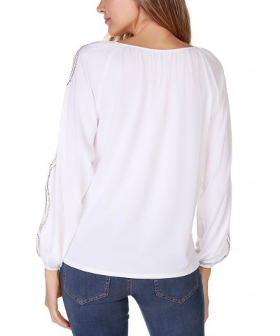 Black Label Petite Size Embellished Top With Cutout Sleeve White $45.90 Tops