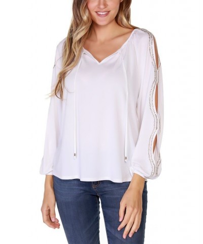 Black Label Petite Size Embellished Top With Cutout Sleeve White $45.90 Tops