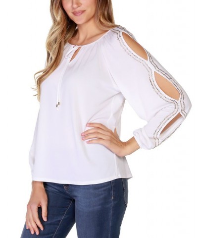 Black Label Petite Size Embellished Top With Cutout Sleeve White $45.90 Tops