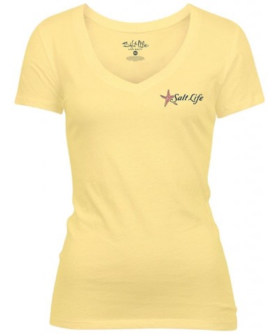 Women's Turtle Reef Cotton Graphic T-Shirt Yellow $21.24 Tops