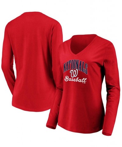 Women's Red Washington Nationals Victory Script V-Neck Long Sleeve T-shirt Red $26.54 Tops