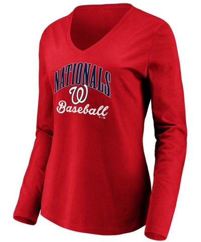 Women's Red Washington Nationals Victory Script V-Neck Long Sleeve T-shirt Red $26.54 Tops